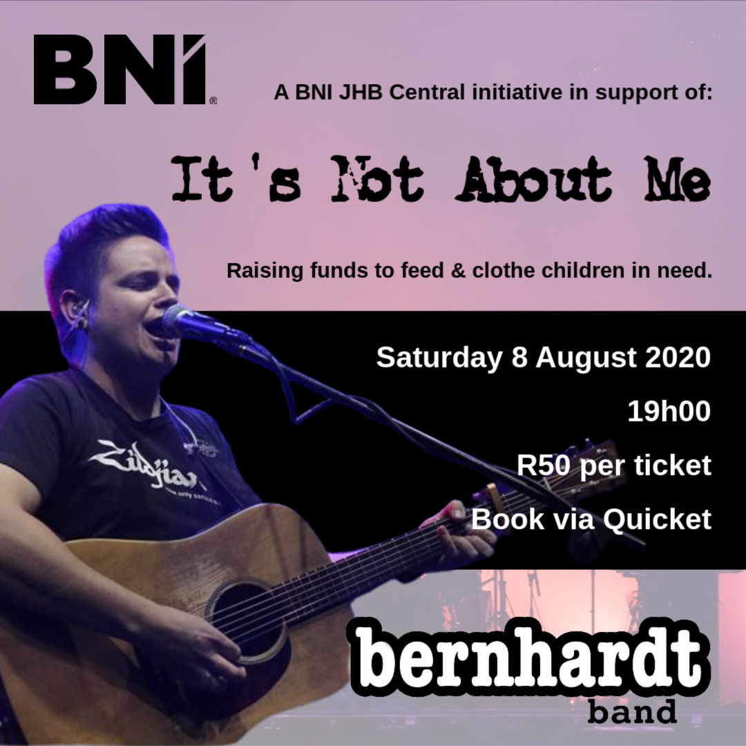 Scumezza's tweet photo. Let’s partner with @bnijoburg &amp; Bernhardt Band to raise funds this Women's Day.
Saturday 8th of August 2020. The line-up is great, and all proceeds go to #ItsNotAboutMe. Tickets are R50 each on @QuicketSA: https://t.co/S6NSKTJ46N
#BNIJHB #ItsNotAboutMe #OutAndAboutWithAnna https://t.co/CkwOFB4iQ2
