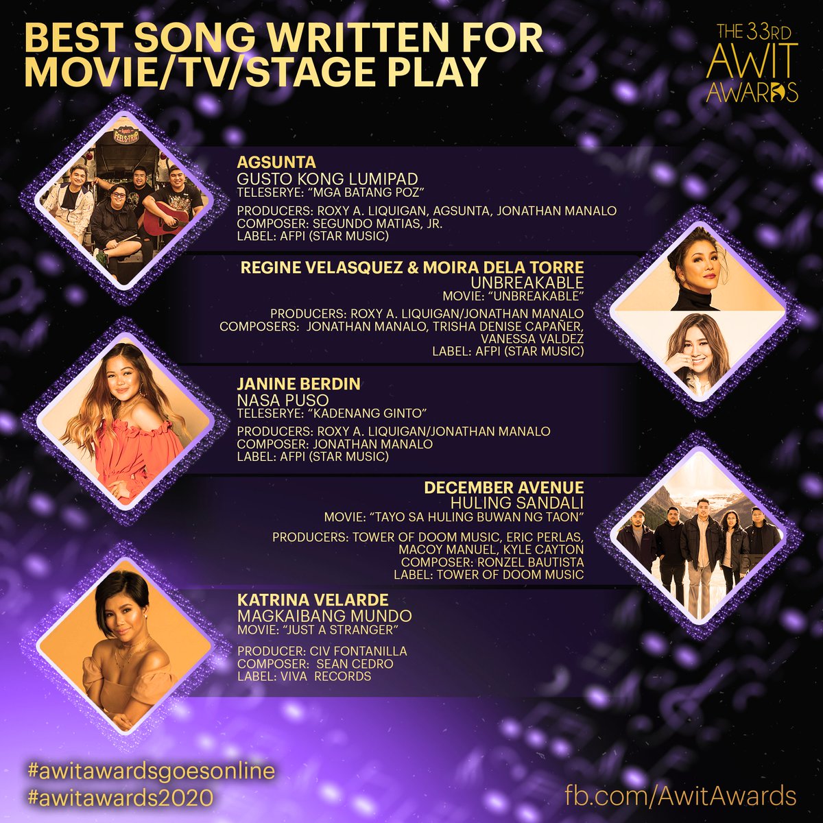 AwitAwards's tweet photo. Here is the official list of FINALISTS of the 33rd Awit Awards!

Mark your calendars on August 29th and tune in to watch 33rd Awit Awards as the #awitawardsgoesonline right here at the official Facebook page. #awitawards2020

Congratulations and good luck to all! (7/8) https://t.co/i8krjoBRn7