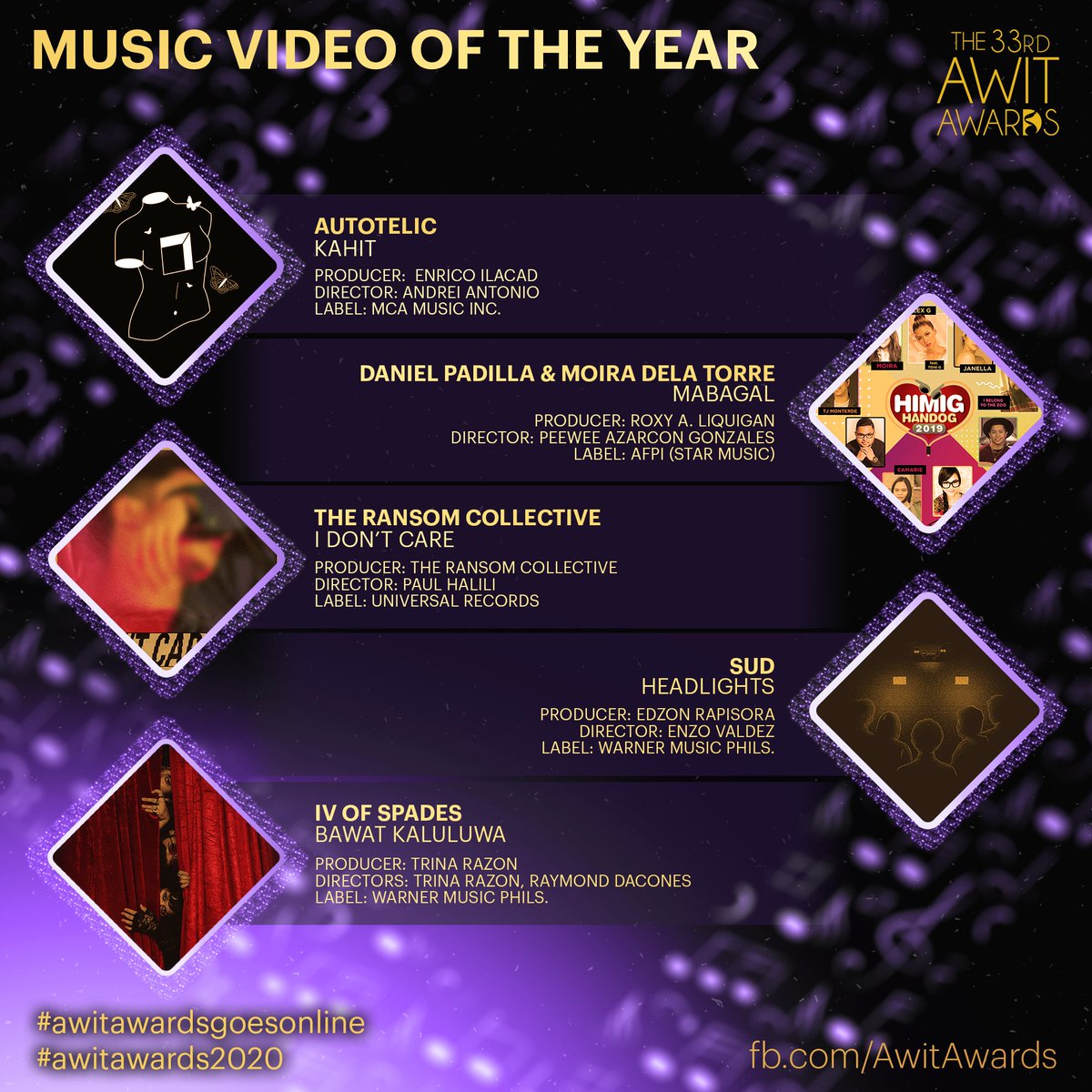 AwitAwards's tweet photo. Here is the official list of FINALISTS of the 33rd Awit Awards!

Mark your calendars on August 29th and tune in to watch 33rd Awit Awards as the #awitawardsgoesonline right here at the official Facebook page. #awitawards2020

Congratulations and good luck to all! (7/8) https://t.co/i8krjoBRn7