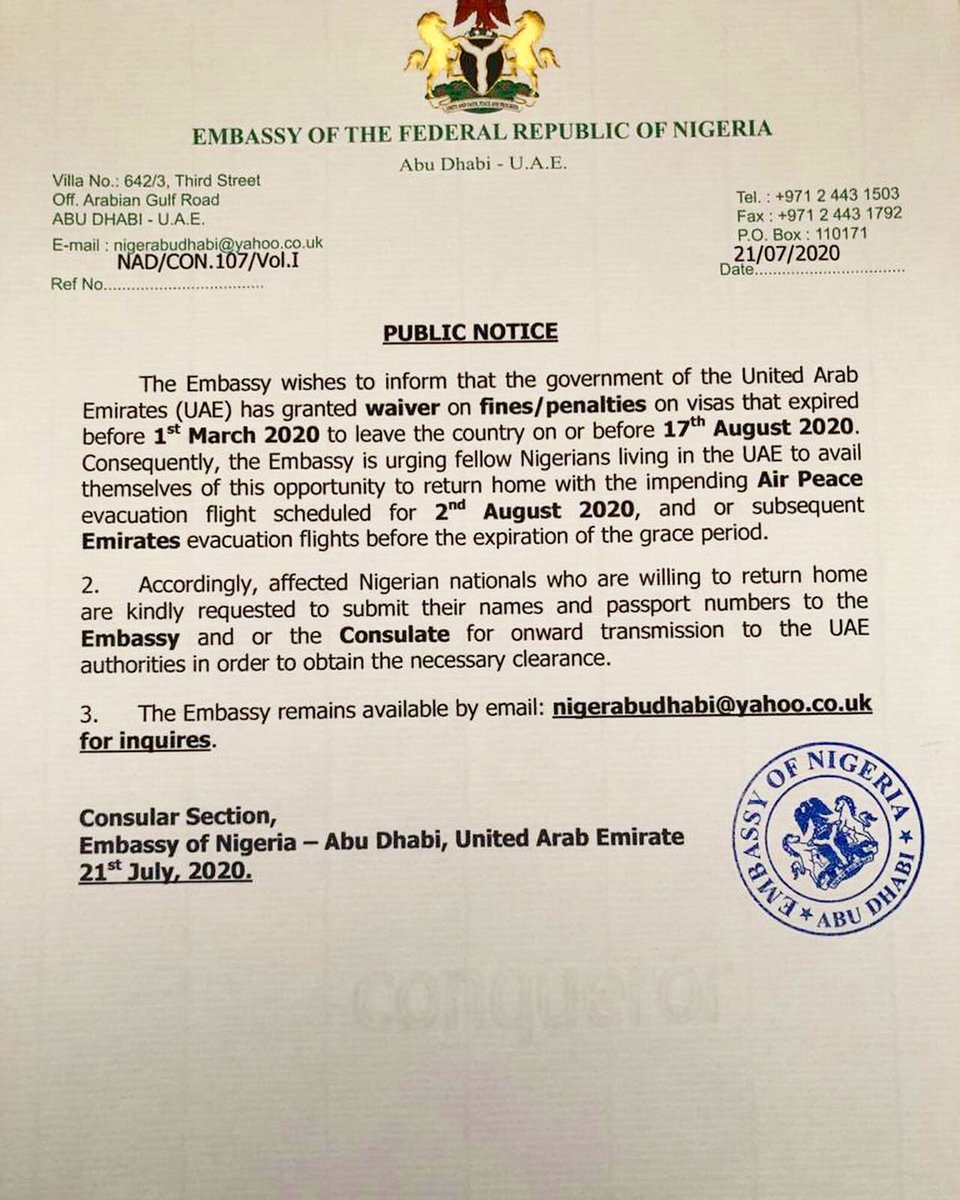 AviationInNGA's tweet photo. Evacuation Flight, UAE to Nigeria by Airpeace @flyairpeace 

Following the recent update by the Government of United Arab Emirates on the granted waiver on fines/penalties on visas that expired before 1st March 2020 to leave the country on or before 17th August 2020,

/1 https://t.co/GBXQ2arCfj