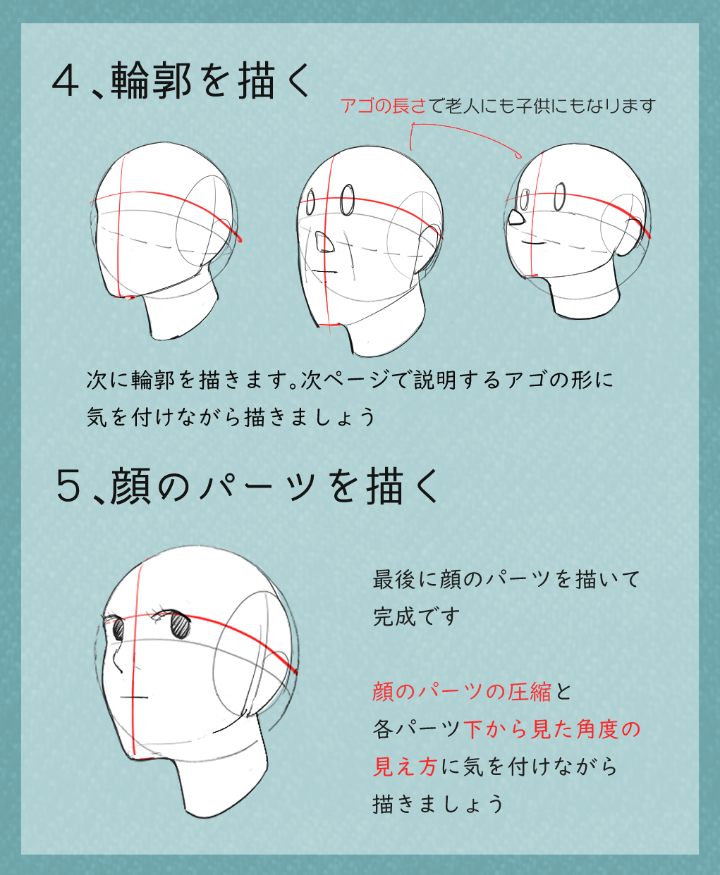 能登ケイ イラスト講座 アオリ顔の描き方のコツ アオリの角度の顔を描くときの3つのポイント 顔のパーツの圧縮 各パーツの角度 アゴの形 特にパーツの圧縮が大切で アゴの面積を広く 口から目にかけて間隔を短くしていくだけでアオリの角度は