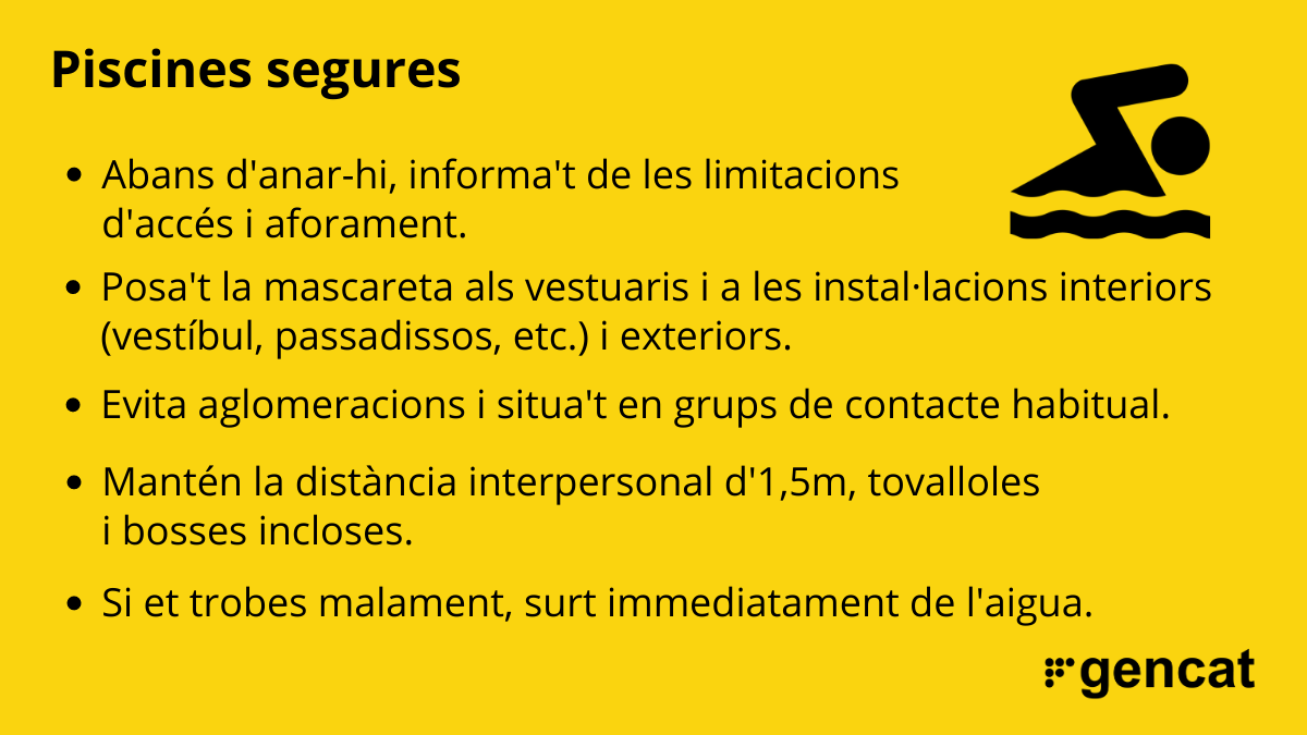 gencat's tweet photo. 🏊‍♂️ A les #piscines, recintes aquàtics, balnearis, etc. cal dur #mascareta als vestuaris i a les instal·lacions interiors (vestíbul, passadissos...) i exteriors, però no a les zones de bany. 

Gaudeix de l'estiu amb responsabilitat i respecte. https://t.co/B6MAfA0xDZ