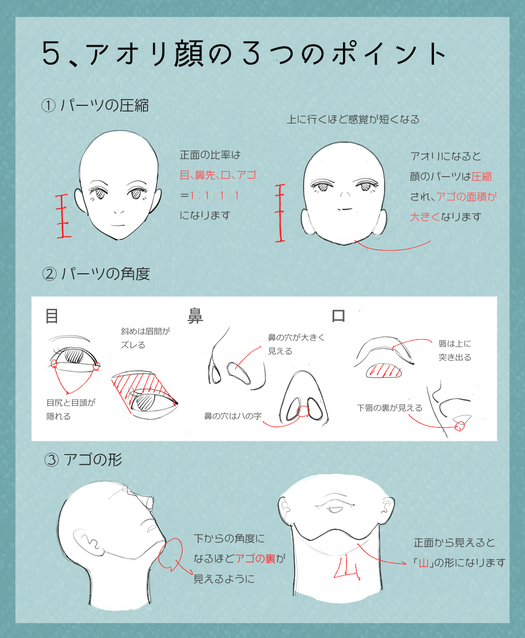 能登ケイ イラスト講座 アオリ顔の描き方のコツ アオリの角度の顔を描くときの3つのポイント 顔のパーツの圧縮 各パーツの角度 アゴの形 特にパーツの圧縮が大切で アゴの面積を広く 口から目にかけて間隔を短くしていくだけでアオリの角度は