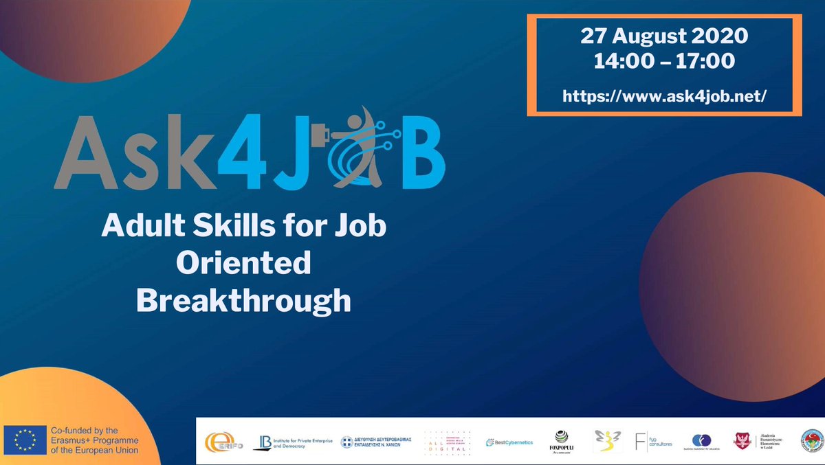 AllDigitalEU's tweet photo. 🚩 #Ask4Job is a pathway that supports the development of #digitalcompetences and cognitive skills for low-skilled, long-term unemployed adults.
Would you like to learn more ❓
📣Join us on 27 August at 14:00 CEST for an online 💻conference!
https://t.co/XMPQBDN6Yk https://t.co/50TTUriKAc