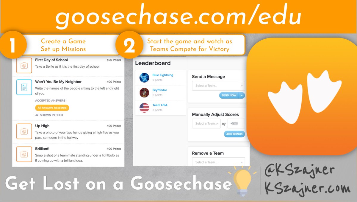 KSzajner's tweet photo. 🗺Goosechase🧭 This fun website lets you set up team scavenger hunts like no other!! It is perfect for any PD day, staff meeting, or workshop week fun!!

Check it out today - https://t.co/PbMTSpM5eQ

#distancelearning #remotelearning https://t.co/zf0idIkmE2