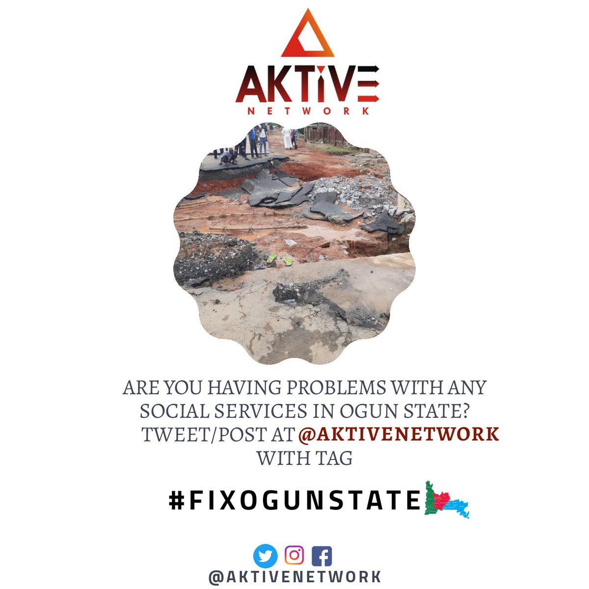 AktiveNetwork's tweet photo. #FixOgunState is the right medium for you to reach out to public officials in Ogun State.
Tweet or Post at @AktiveNetwork with pictures & videos with the hashtag #FixOgunState to get the concerns addressed by elected public officials.
Let's collectively #FixOgunState https://t.co/s4dhPFxmZz