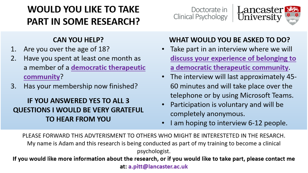Adam_ClinPsych's tweet photo. If you're 18+ and used to be a member of a democratic therapeutic community please consider taking part in my research. Together, we can add to what is known about how democratic therapeutic communities work. If you would like to know more, please email me: a.pitt@lancaster.ac.uk https://t.co/qbO1LYiKrc