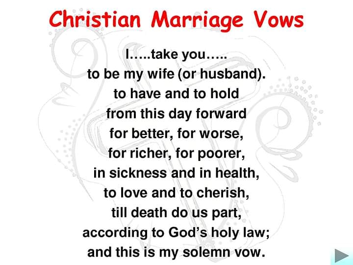 MARRIAGE VOWS

Marriage vows where made to have a reason to stay committed to your spouse.
The Vow is a covenant made by the two parties.
Single people look at the vows very well while you are yet unmarried

#MarrigeVows
#MarriageCovenant