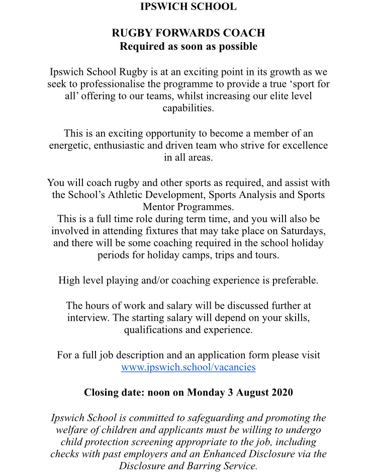 Ipswich School (ENG) are looking for a Rugby Forwards Coach, full-time, salary dependent on experience and qualifications.

Application details at the link and picture.

ipswich.school/contact-us/vac…

#rugbyvacancies #rugby #school #coach #job