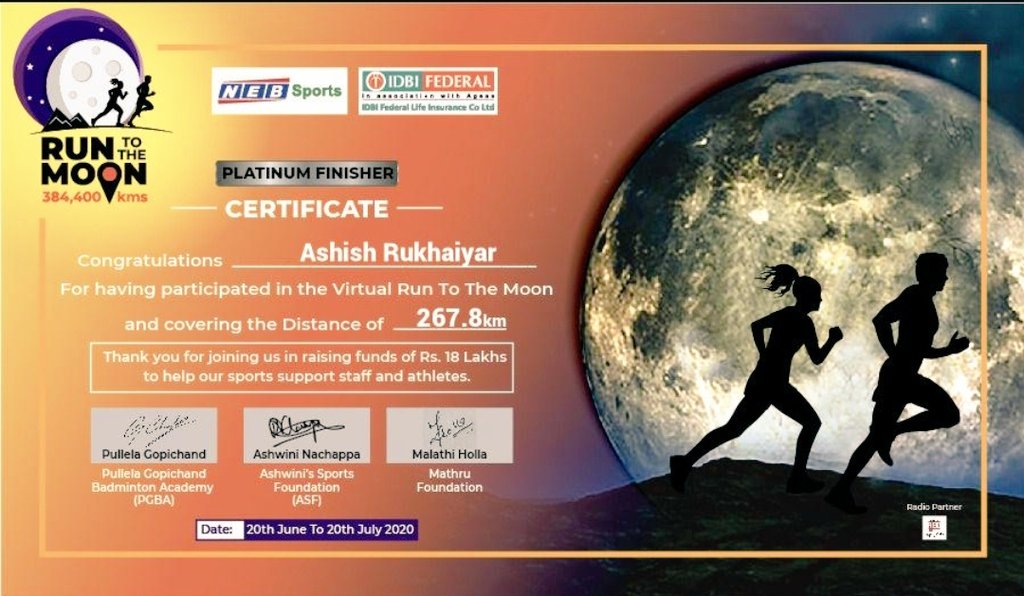 ashishrukhaiyar's tweet photo. Managed to run nearly 268kms in the one-month period between June 20 and July 20 while participating in the #RunToTheMoon event. #RunToTheMoonAndBack #NEBSports @NEBSportsEPL https://t.co/uf0MotdflL