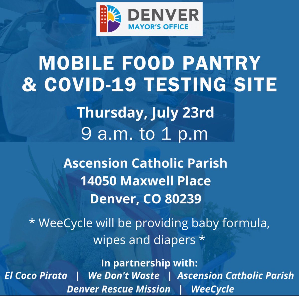 WeeCycle will be passing out diapers, wipes and formula along side the Denver Mayors Office again this Thursday from  10am-1pm at Ascension Catholic Parish (14050 Maxwell Place, Denver, CO) with our friends from <a href="/WeDontWaste/">We Don't Waste</a> and the  <a href="/denverrescue/">DenverRescueMission</a> .