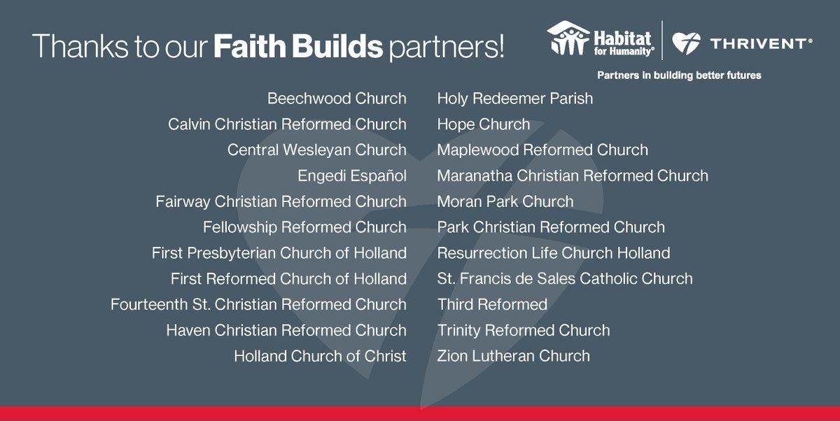 We want to say a big THANK YOU to the 22 local churches who joined together to support our Thrivent Faith Build. They shared their talents through volunteering, they prayed for the build and the Morales family, and they were generous, supporting this home build financially.