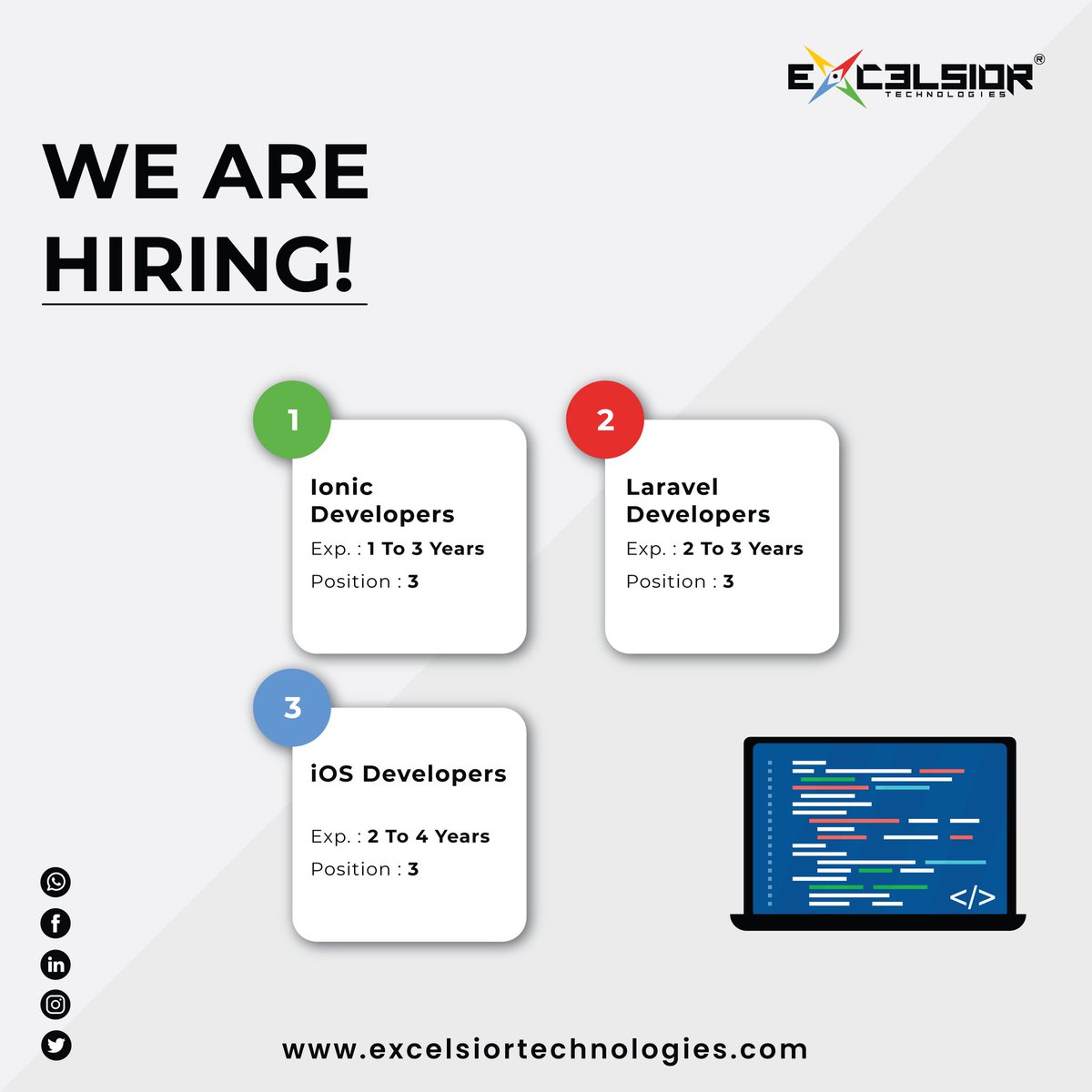 twitte2ExT's tweet image. We Are #Hiring.
1. #IonicDevelopers
Exp.: 1 To 3 Years
Position : 3
2. #LaravelDevelopers
Exp.: 2 To 3 Years
Position: 3
3. #iOSDevelopers
Exp.: 2 To 4 Years
Position: 3
Email: hr@excelsiortechnologies.com
No.: +91 90330 55100
Website: excelsiortechnologies.com
#recruitment