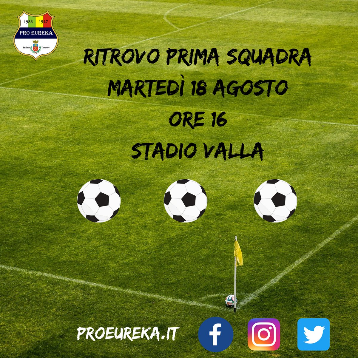 AsdProEureka's tweet photo. La nostra prima squadra inizierà la preparazione in vista del prossimo campionato di Eccellenza, martedì 18 Agosto alle ore 16 allo stadio Valla. #settimotorinese #proeureka #calcio @tuttocampo @SprintPiemonte https://t.co/eCp5AcQLXw