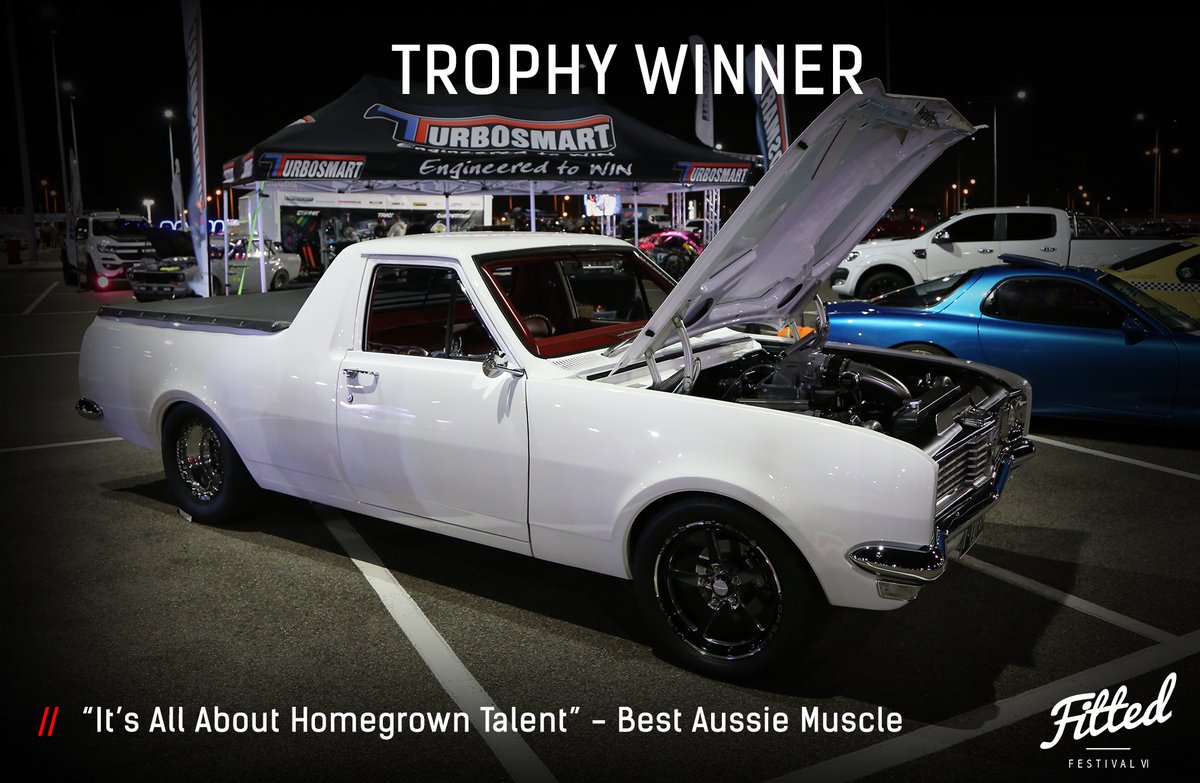 fittedfestival's tweet photo. “It’s All About Homegrown Talent” — Best Aussie Muscle Trophy awarded to Kris 69 HT Holden Ute with his 350ci small-block Chevy with twin Garrett GTW3582’s. Previously run 9.6 at 140 MPH and was on display at the @Turbosmart trade stand. #fittedfestival #holden https://t.co/oYUec9ZHaD