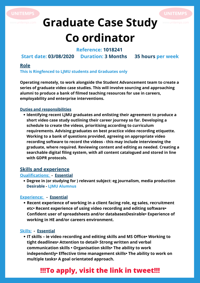 LJMUCareers's tweet photo. !We are Hiring!
⭐️Graduate Case Study Co-ordinator⭐️
⏰Start date - 03/08/2020, Duration - 3 Months, 35 hours per week.
Further details below⬇️
To apply, visit: https://t.co/rTA6HrnP9P
#ljmucareers #job #liverpool #ljmu #ljmustudent #ljmugraduate #Careers https://t.co/0lYImq0ykm