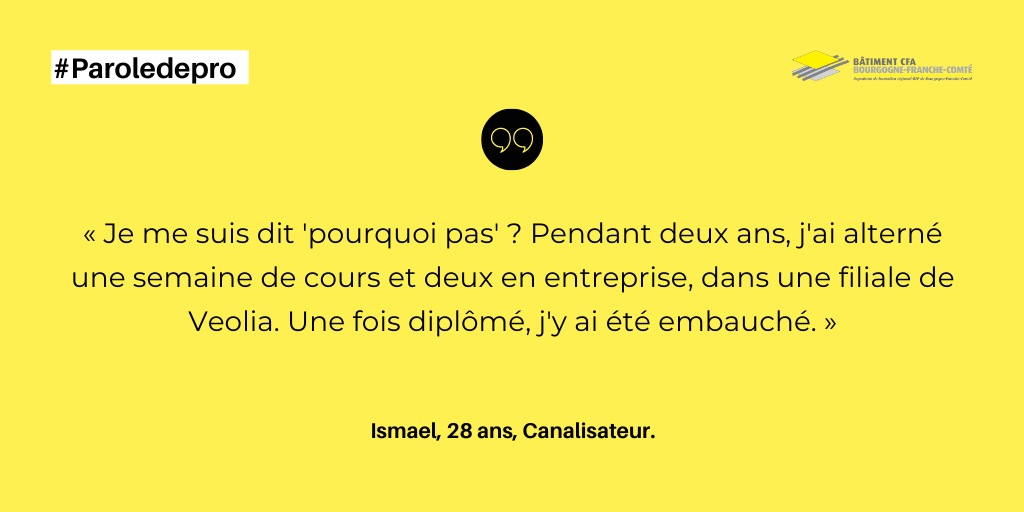 BATIMENTCFA_BFC's tweet photo. À 16 ans, Ismaël abandonne l'école. Il travaille pendant un an dans la vente, puis se retrouve au chômage. « Je me suis dit que c'était l'occasion de trouver une formation pour faire un métier qui me plait. » 🎓 #Paroledepro https://t.co/AXjZH7nGRE