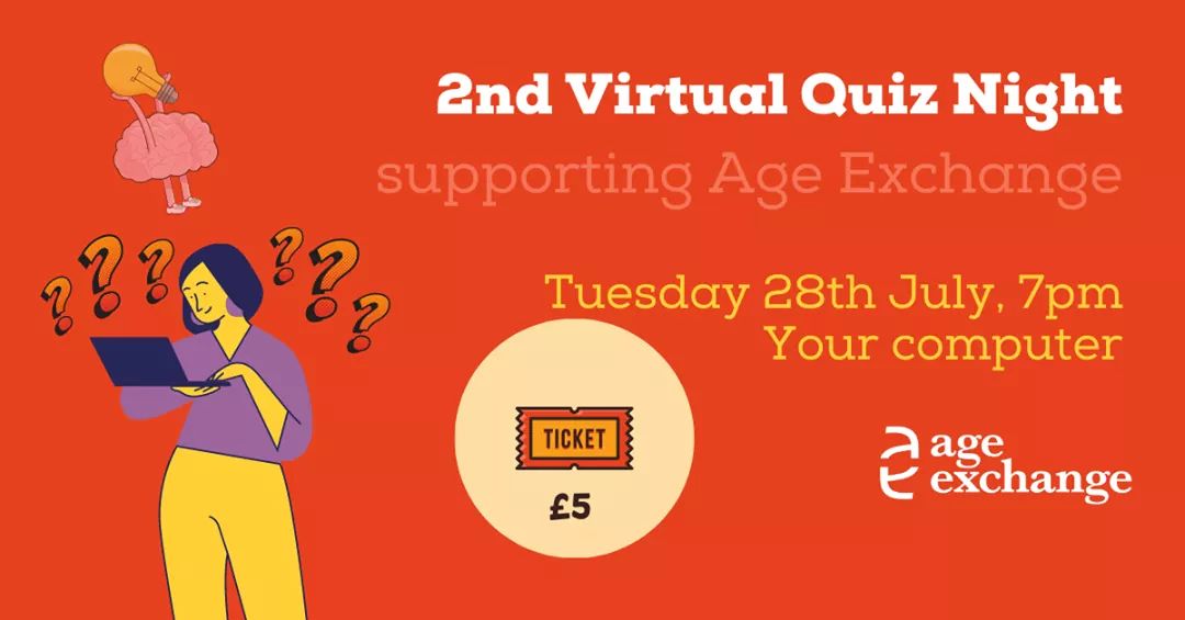 Just under 1 week to go until our 2nd Virtual Quiz Night! Have you got your ticket yet?
🎟️ Tickets are £5 and all funds raised help Age Exchange to support more people living with dementia and their carers 💜 Thank You 💜

facebook.com/events/s/age-e…