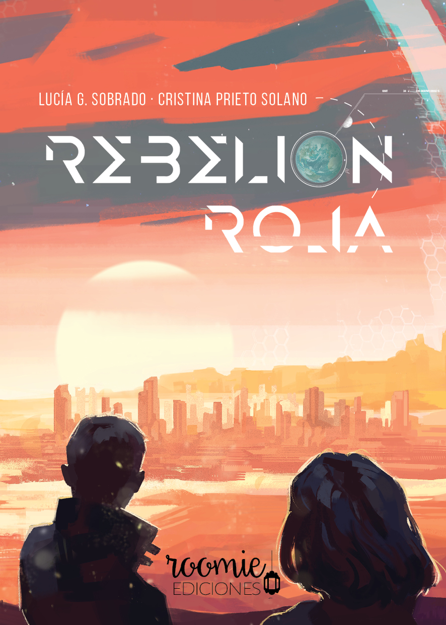 Cubierta de Rebelión Roja. 
Se puede ver el horizonte en un paisaje anaranjado. El sol sale e ilumina la ciudad. En el cielo se lee «Rebelión Roja» entre las nubes, siendo la «o» de «rebelión» una imagen de la Tierra; y la tilde, la luna creciente. 
Dos figuras (un chico y una chica) contemplan la escena de espaldas al lector.