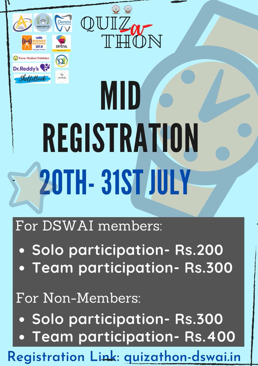 dswaiofficial's tweet photo. Dear Participants.
Mid Registrations are open for you all.
Grab the opportunity to be amongst the first 50 participants from your college in order to avail "25% Discount" on the registration fee.
Hurry up to avoid the rush!!!😍
#quizathon
#quizathon2020
#dsai
#dswai https://t.co/9irvZ1Nw5v