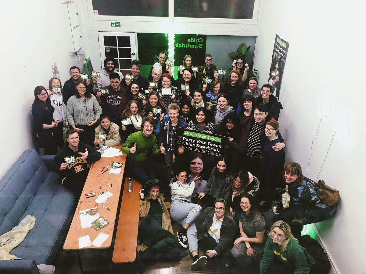 _chloeswarbrick's tweet photo. Tonight we ran out of seats in the office. I video called in - from Parliament - to a mind-blowing number of volunteers who had turned up to write lovely postcards to apartment dwellers across our city. This is what making history looks like. ✅✅ @NZGreens https://t.co/p46lVtYENz
