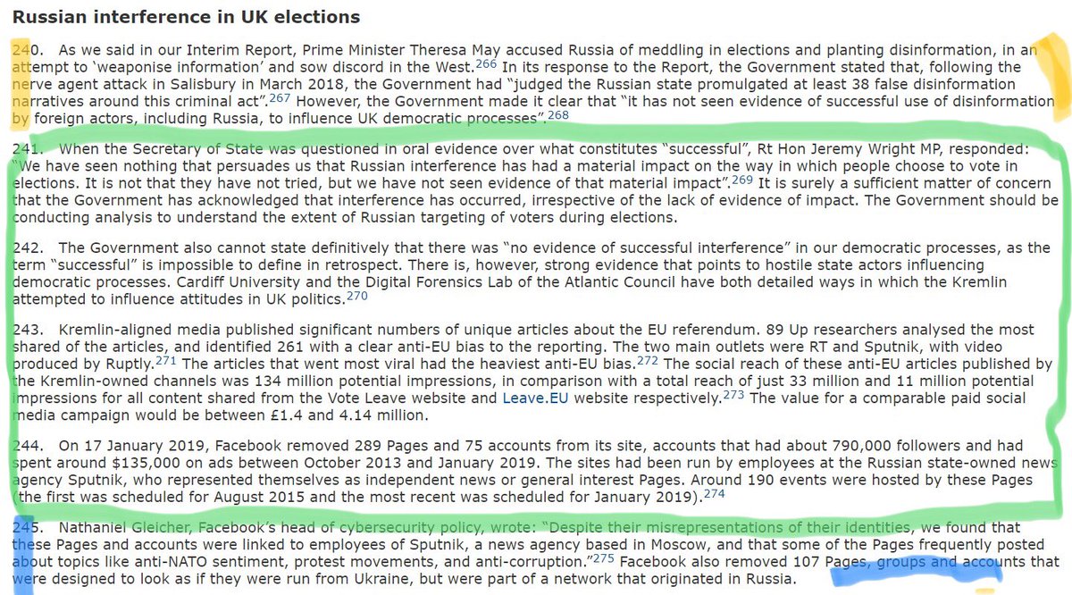 Look at this from the  #RussiaReport.There it is in black and white.Consecutive Tory Governments, including May and Johnson (despite his “NYET” KNEW there was Russian Interference YET DID NOT IMMEDIATELY REQUIRE AN URGENT AND THOROUGH INVESTIGATION.They knew & did not.