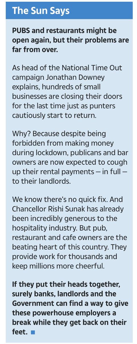 THE SUN SAYS: pub, restaurant and cafe owners are the beating heart of this country… if they put their heads together surely banks, landlords and the Government can find a way to give these powerhouse employers a break while they get back on their feet. #NationalTimeOut