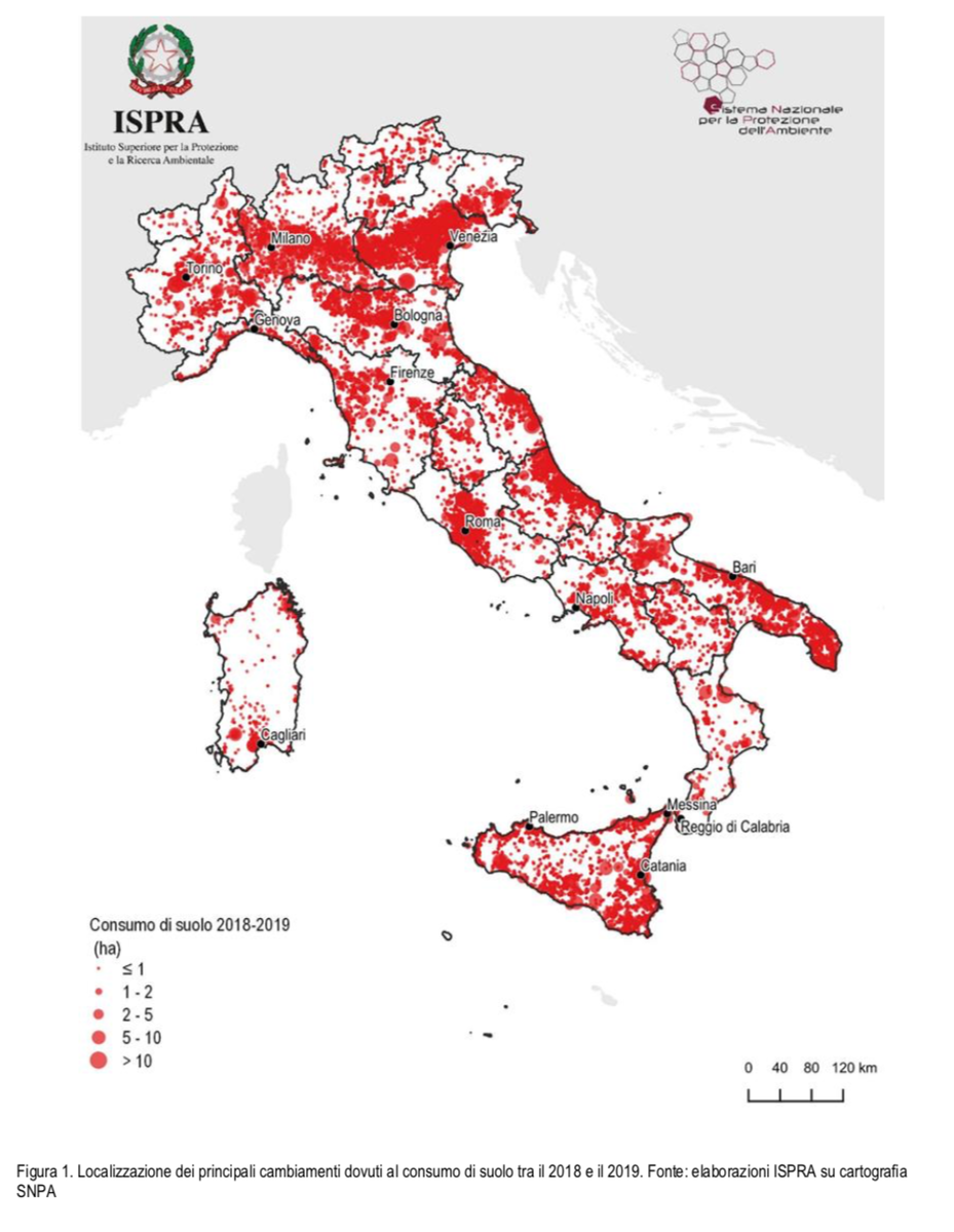 ISPRA_Press's tweet photo. Rapporto #consumosuolo in Italia.
Più cemento che natalità: ci sono 135 metri quadrati di cemento per ogni bambino che nasce. Nel 2019 persi altri 57 km2 di territorio nazionale al ritmo di 2 m2 al secondo. 

Segui evento in diretta streaming 👇
https://t.co/smtnrxznGd https://t.co/4kUDsVgiME