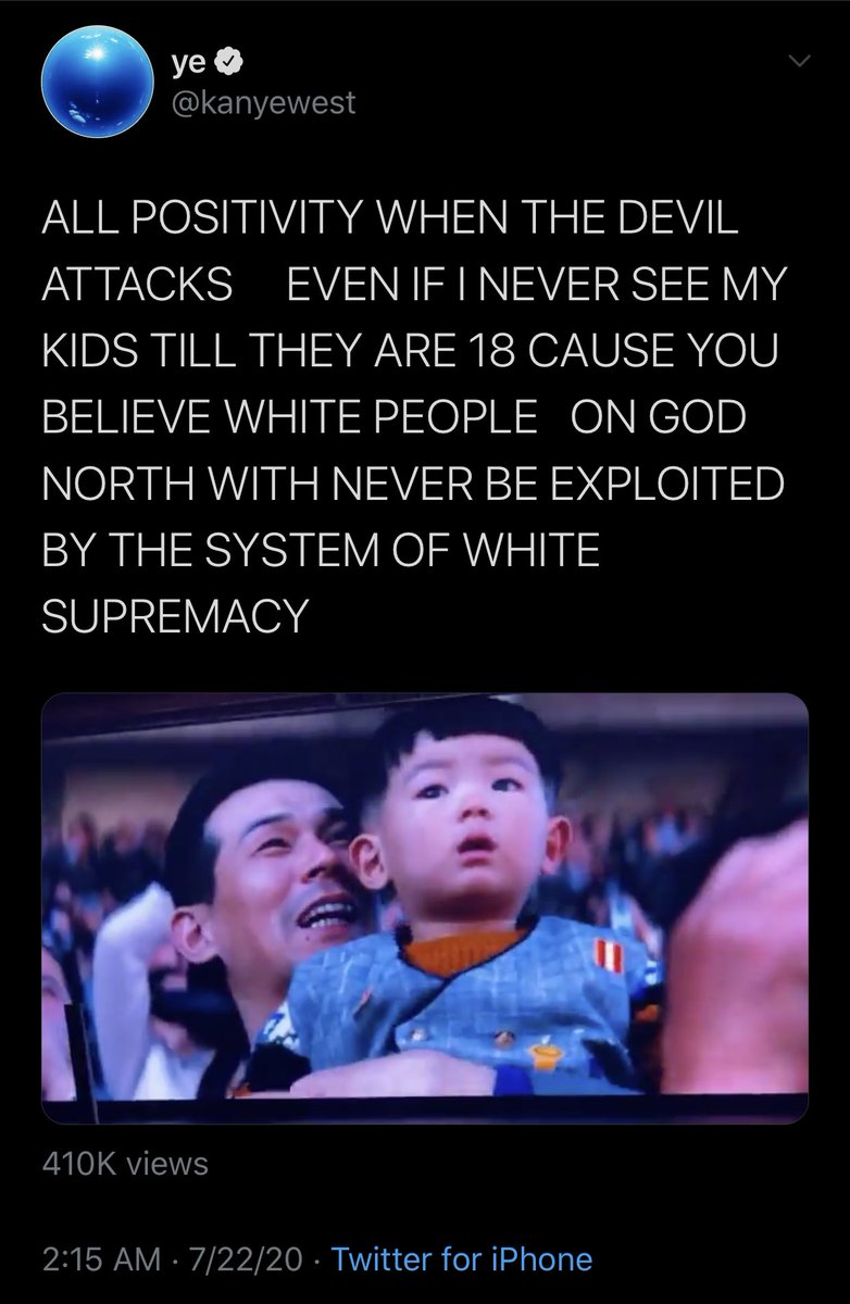 “Even if I never see my kids until they are 18 because you believe white people” ... THIS MAN IS NOT CRAZY!! Protect Kanye at all costs!! The easiest way to dismiss the truth is to call it crazy. Kanye has issues but right now he seems like someone who has figured it out!!