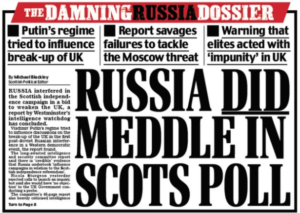ScotTories's tweet photo. This report suggests the SNP has questions to answer in relation to Russian interference.

It’s now essential the SNP orders an inquiry on the matter. https://t.co/2G1sx4yrBc