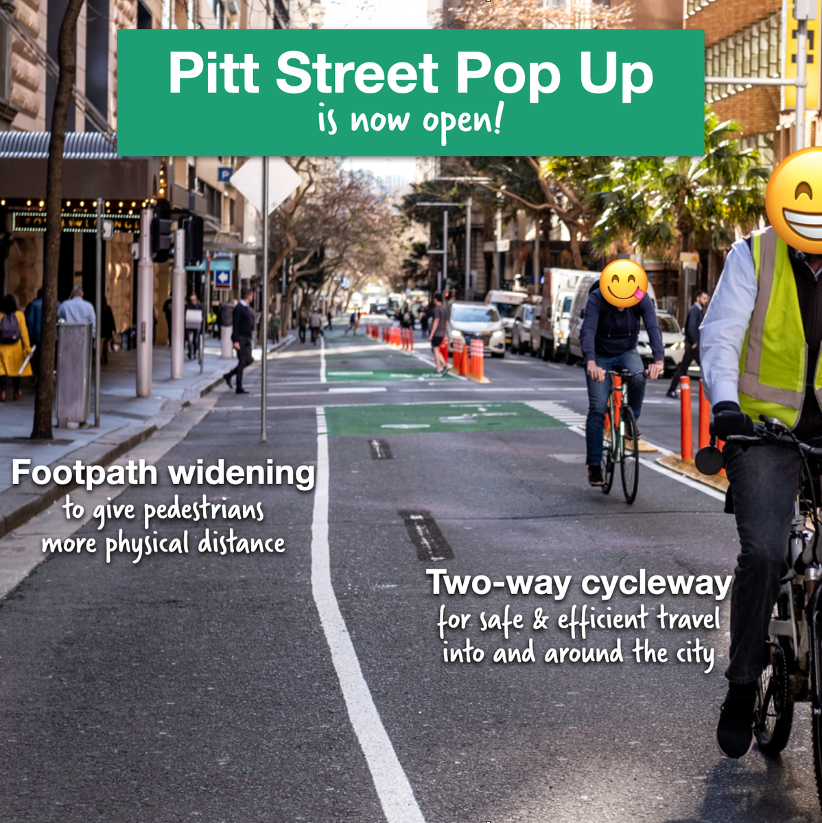 cont'd: Further update from Sydney via  @CloverMoore : The Pitt Street pop up cycleway and footpath is now open:   #wearetransport  #summerofcycling