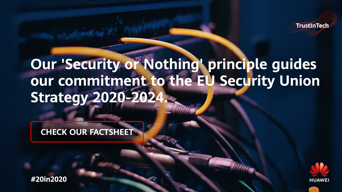 HuaweiEU's tweet photo. Enhancing protection and resilience of #EU 🇪🇺 critical infrastructure is among the 4 main priorities of the #EUSecurityUnion’s Strategy for 2020-2024 roadmap 🗺. #HuaweiCommitment will continue to be based on our ‘Security or Nothing’ principle. #20in2020
https://t.co/yrOkFks15A https://t.co/ECTsChE5qO
