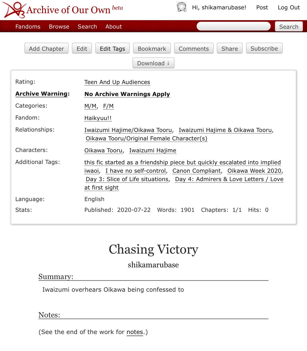 shikamarubase's tweet photo. I am sooo late, but here’s a fic I wrote for Day 3 & 4 of @OikawaWeek. It’s also my first Haikyuu fic, so I’m both nervous and surprised that I actually wrote something😳 Hope you guys like it! #OikawaWeek #OikawaWeek2020
https://t.co/ooD6RkJCnO https://t.co/zAnjHHzoEX
