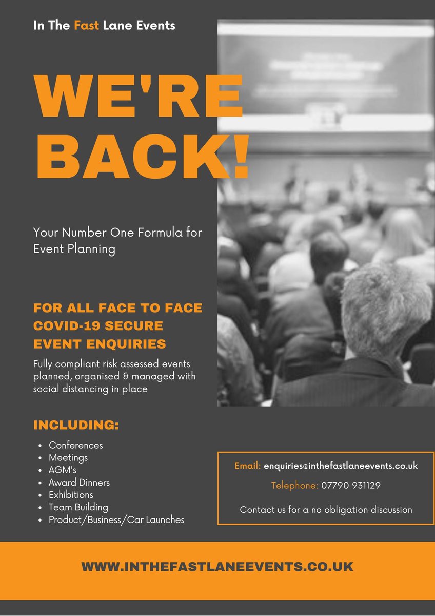 In The Fast Lane Events are open once again to plan, organise &amp; manage your indoor face to face event &amp; meeting enquiries, with the relevant health &amp; safety guidance, reviewed &amp; updated regularly, to make your event Covid-19 secure.

#Events #EventManagement #GetBritainMeeting