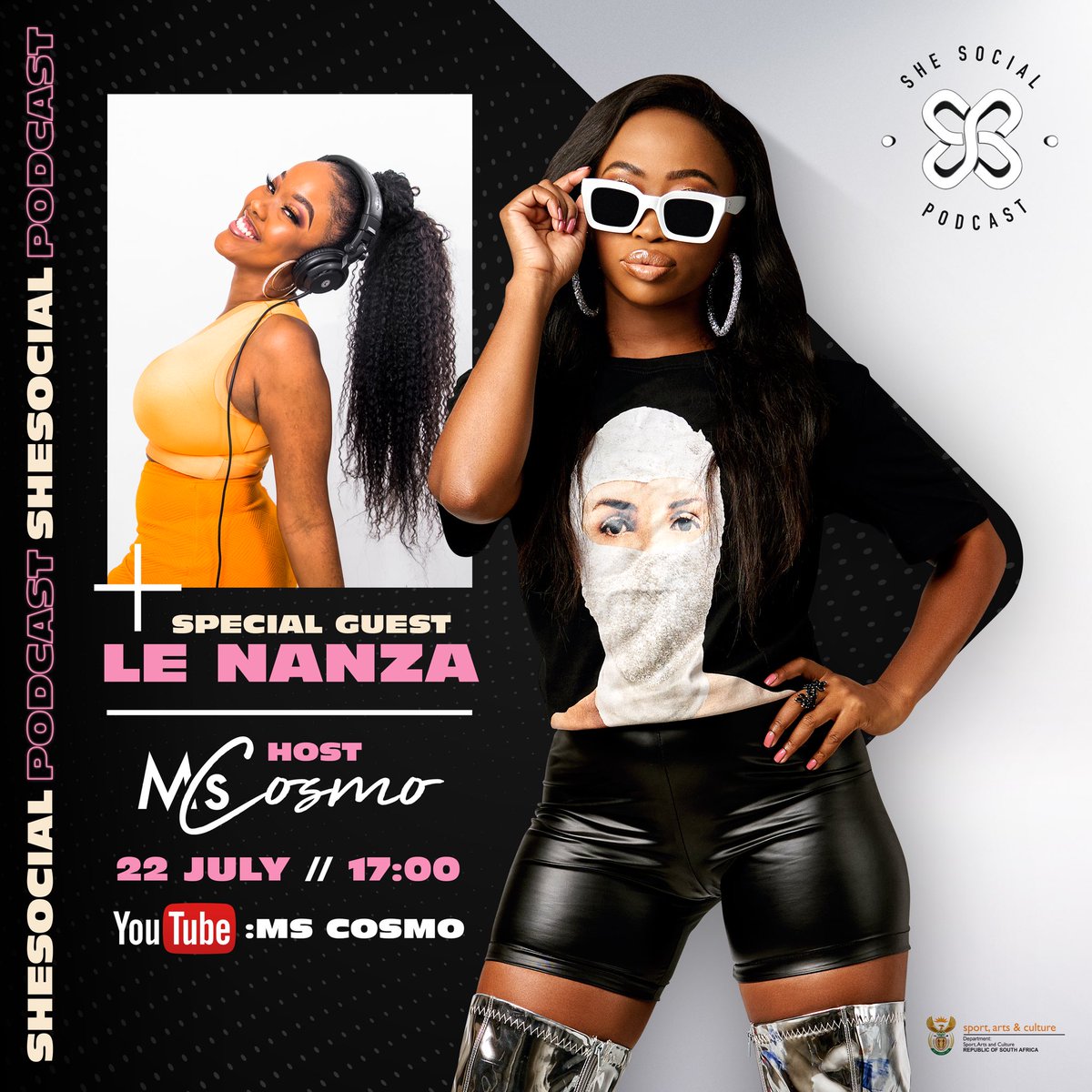 SHESocial_SA's tweet photo. Wednesday only means one thing! 

A fresh episode of #SHESocialPodCast 😆 Chatting to the fiery @LeNanza_ and the vivacious @thabsie_sa about their love for music 💃🏽

Join in on the conversation on @MsCosmoSA’s YouTube Channel at 17:00 TODAY ⏰ https://t.co/wnXKtArFZU  💫 https://t.co/q1jawQUIQY