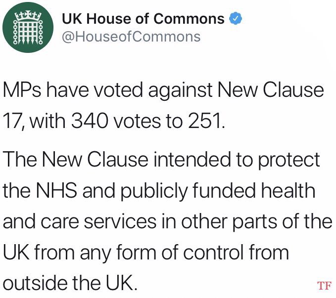 Staggering to wake up to news that the UK House of Commons has deleted the tweet alerting us to the Tories voting against attempts to protect the NHS from USA Health Corporations.

Good thing I saved it for them in case this accidentally happened