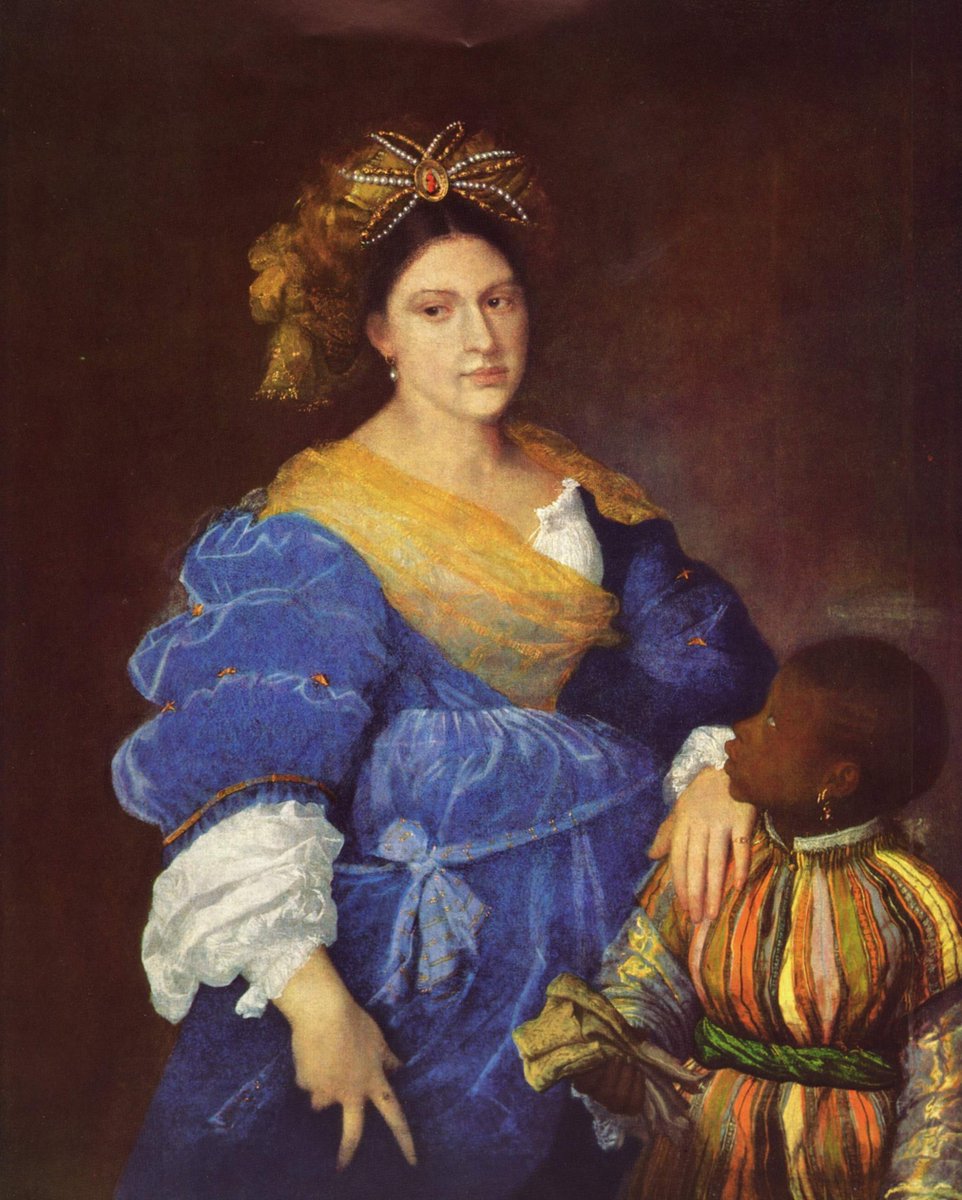 Who is Laura Dianti? Enveloped in a blue dress with a yellow veil that shows her white undershirt, Laura shows a lot of skin and a lot of underwear. On her head she sports an exotic turban heavy with pearls and, like her servant, wears an earring.