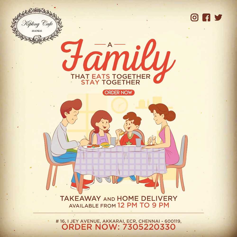 KiplingCafe's tweet photo. Family that eats together, stays together! Kipling Café ensures that you don't loose out on meals with family with Takeaways and Deliveries at 7305220330, 12 pm to 9 pm! Stay safe, stay at home!! #kiplingcafe #ecr #brandnewworld #familyfirst #homedelivery #takeaway #stayathome https://t.co/KwLS0vVqyo