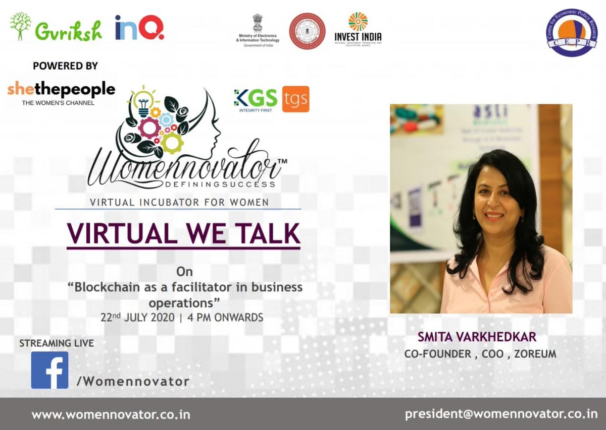AsliStamp's tweet photo. Womennovator presents virtual We Talk with Ms. Smita Varkhedkar - CoFounder &amp; COO of Zoreum on the topic " Blockchain as a facilitator in business operations" on 22th July at 4 pm (IST). 

Live streaming on: https://t.co/uoQnLYVvRo

#Womennovator #blockchain #Zoreum #Gvriksh https://t.co/z5OqXzwOAR