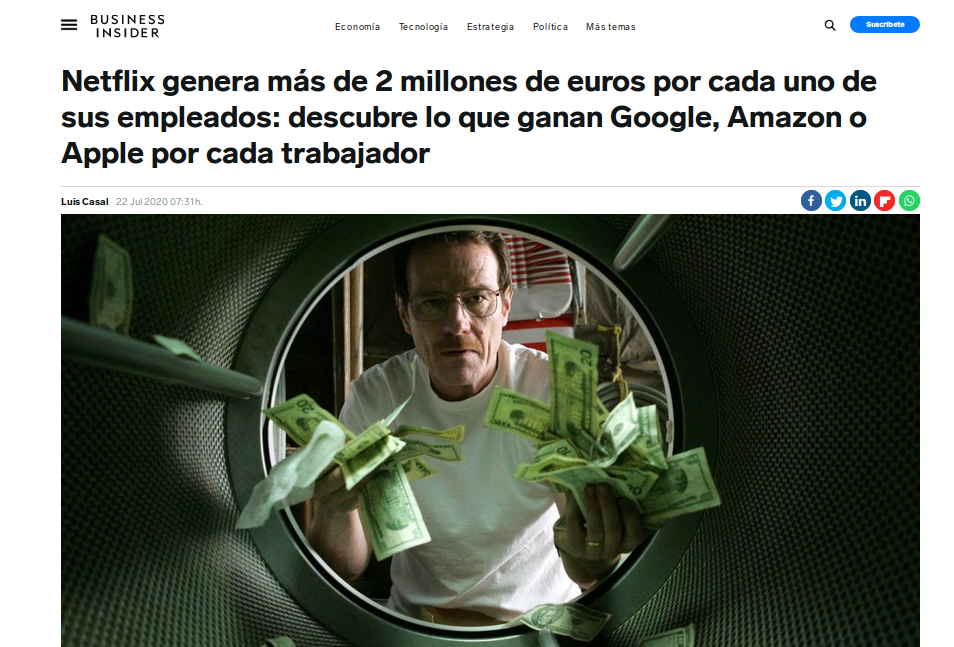 EconoCabreado's tweet photo. Netflix es la empresa tecnológica que más dinero gana por cada uno de sus empleados, 2 millones de €/empleado, pero en España paga menos impuestos de lo que paga un mileurista. Su secreto: la fiscalidad que le ofrece los Países Bajos... Necesitamos una #TasaGoogle ya mismo. https://t.co/430hlqeh4G