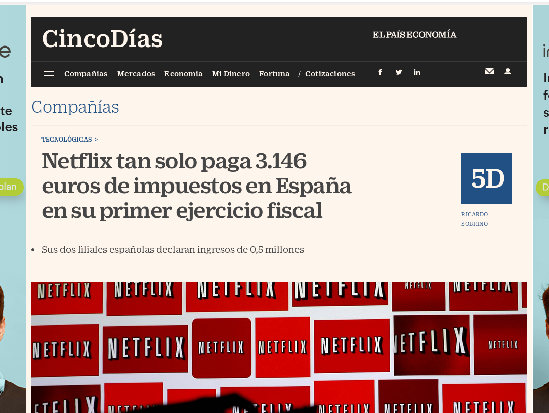 EconoCabreado's tweet photo. Netflix es la empresa tecnológica que más dinero gana por cada uno de sus empleados, 2 millones de €/empleado, pero en España paga menos impuestos de lo que paga un mileurista. Su secreto: la fiscalidad que le ofrece los Países Bajos... Necesitamos una #TasaGoogle ya mismo. https://t.co/430hlqeh4G