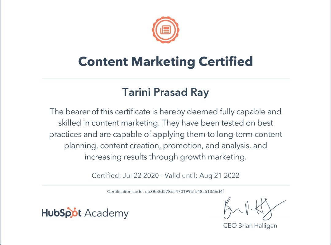 rahultpray's tweet photo. I just got my Content Marketing Certification from HubSpot Academy!
#contentmarketing #contentcreator #contentwriting #contentmarketingcertified #hubspotacademy #hubspotcertification https://t.co/DtZsgJoYYL