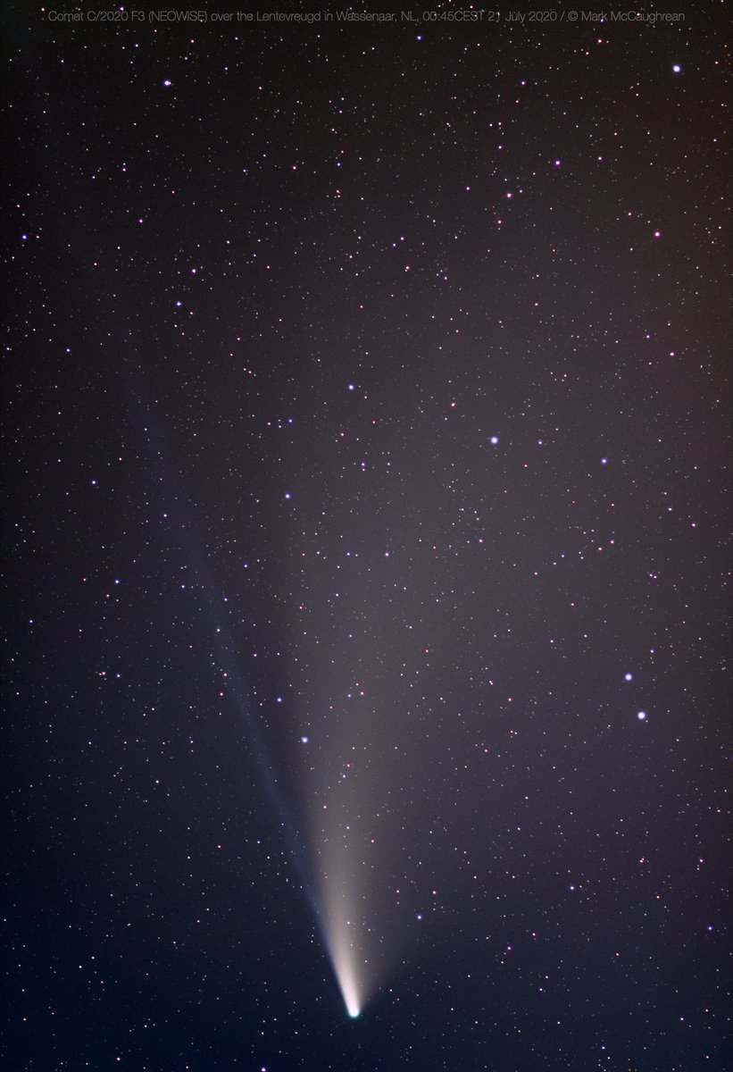 If you have a digital single-lens reflex (DSLR) camera + a tripod, you may experiment further and capture beautiful views of  #cometNEOWISE like this stack of 85 x 3 sec exposures, showing the blue ion tail, redder dust tail & green-hued nucleus.  @markmccaughrean, 21 July 2020