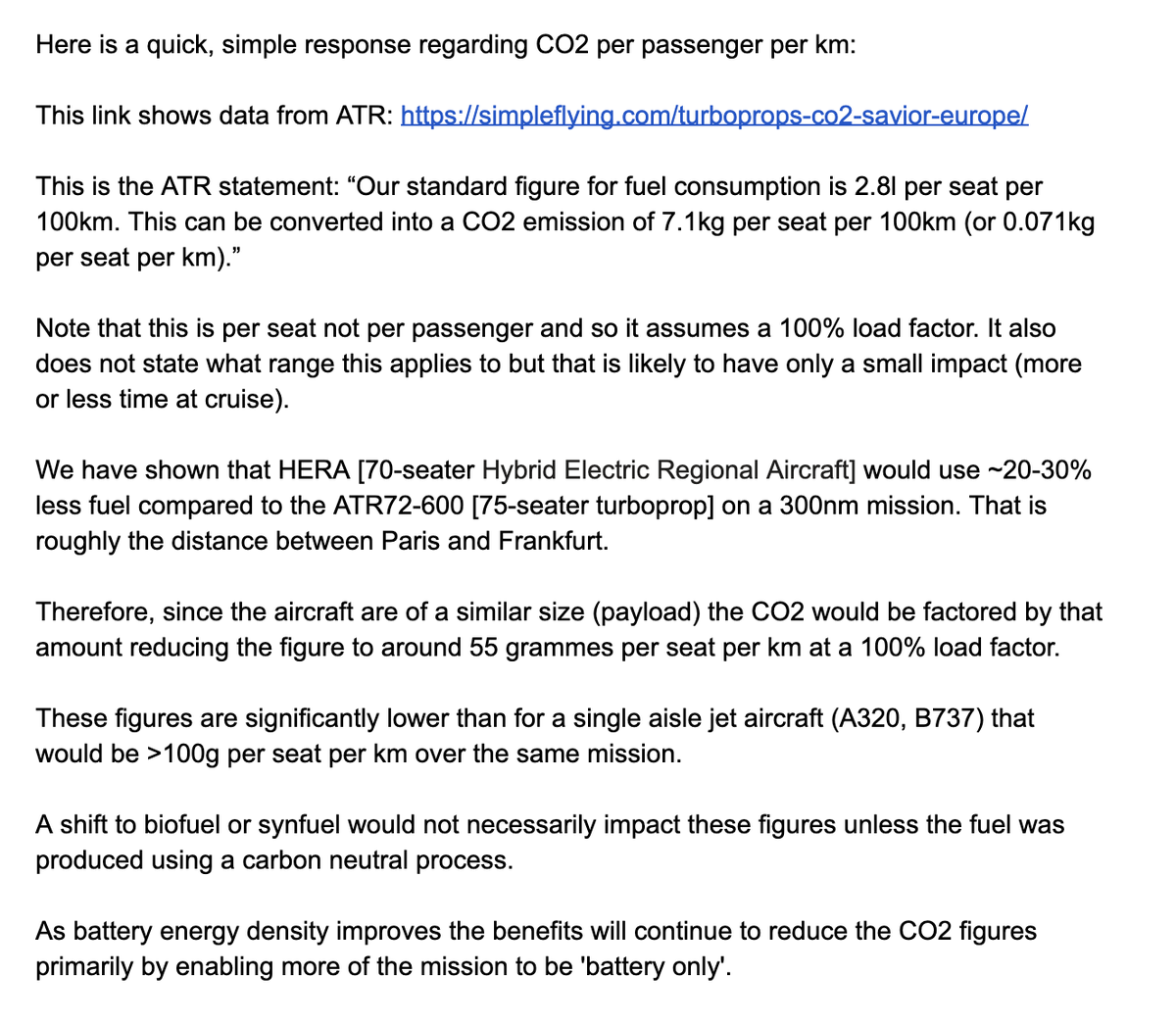 Lots of talk - and hype - about "guilt free" "jet zero" aircraft.Latest chatter is of a 70-seater "ultra quiet hybrid electric".But nowhere could I find details about the actual CO2 savings being promised. So I emailed the makers EAG and got this response from the CEO...