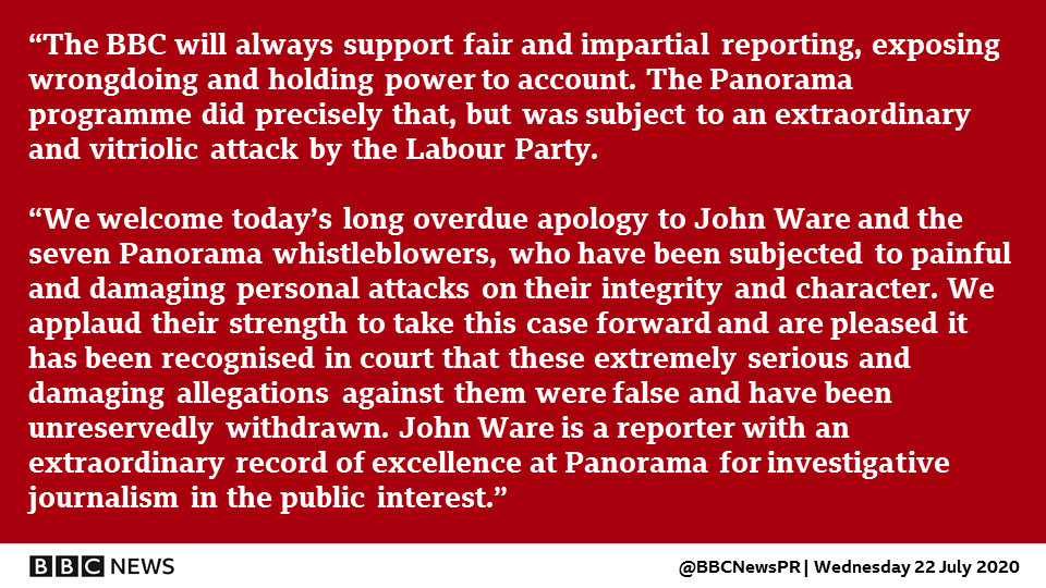 BBC Statement on Labour Party apology to <a href="/BBCPanorama/">BBC Panorama</a> reporter John Ware and seven whistleblowers in relation to ‘Panorama: Is Labour Anti-Semitic?’