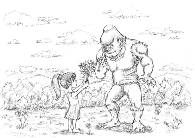 少女「お、お花…」
怪獣「オ、オラに?」
〜優しい世界〜

たまにはアナログ、鉛筆でラフ

#イラスト #イラスト好きさんと繋がりたい 
#絵描きさんと繋がりたい #illustrations 