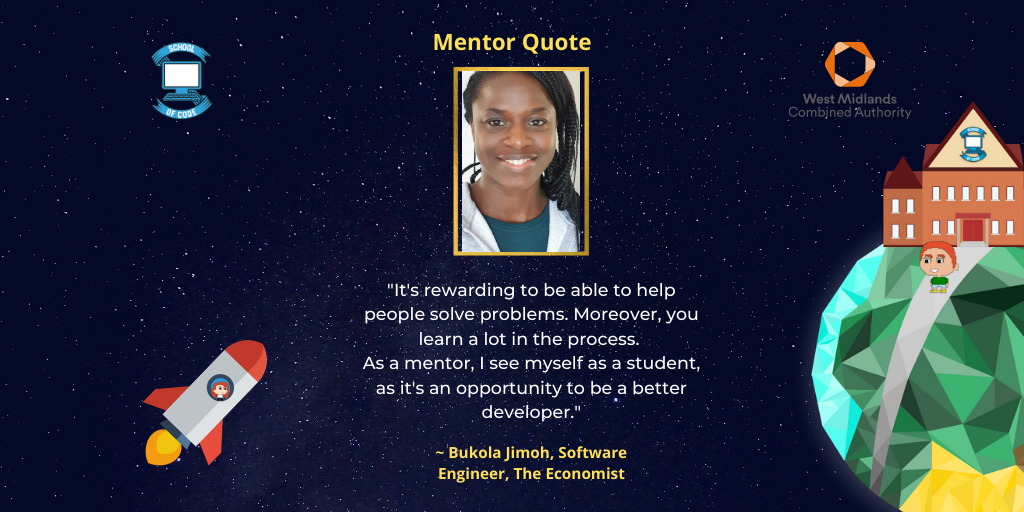 theSchoolOfCode's tweet photo. A career in tech allows you to continually learn & share your expertise with the next generation of developers.
Check out @theSchoolOfCode mentor & Software Engineer @TheEconomist, @b_jimoh's words of wisdom below๐
#WednesdayWisdom #WomenInTech #WomenWhoCode #SOCCommunity https://t.co/mJ1xQejNPX