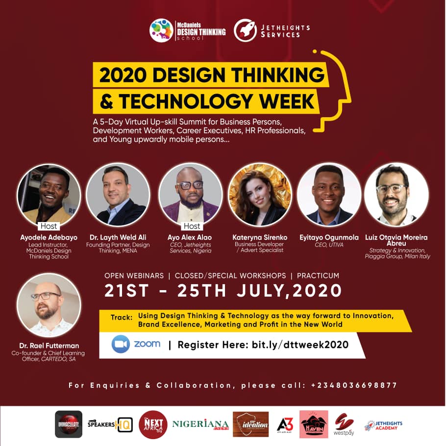 tayomala's tweet photo. CONTINUES TODAY BY 12NOON.
2020 DESIGN THINKING AND TECHNOLOGY WEEK.. A 5 day virtual UPSKILL summit for business persons, change makers, corporate executives social workers, development Officers and upwardly mobile people.
https://t.co/BoxeLABq4A
#DesignThinking #ideation https://t.co/p19hJozGGM