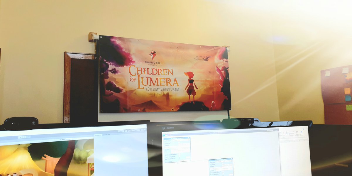 PhantomFox_ia's tweet photo. We upgraded our office's furnishing! The poster was made for conferences but thanks to Corona, it's now coating our own walls. #fantasy #indiegamestudio #gamingart #officeart #officefun https://t.co/GRY2OpycXz