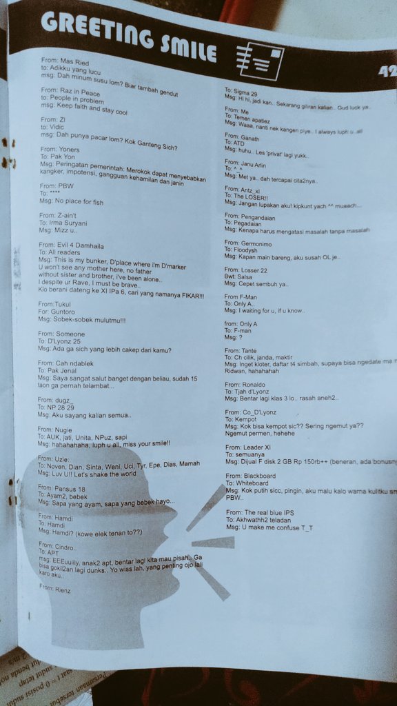 wsguntoro's tweet photo. Sigmagazine sekarang masih ada greeting smiles macam ini gak ya 😄

Coba temukan dirimu di sini 😁 https://t.co/05hHssI3Vw